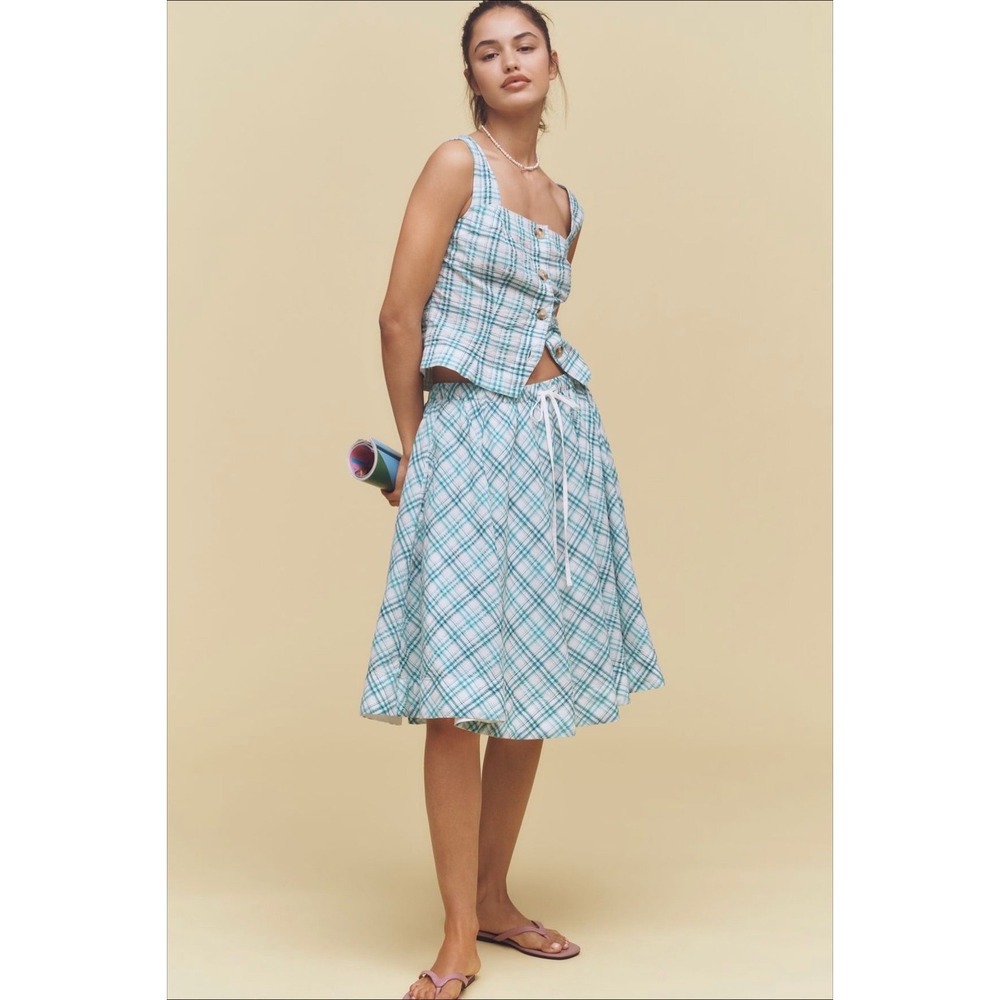 Maeve Anthropologie $246 Top + Skirt Set (2 Piece) Blue Plaid Preppy Feminine